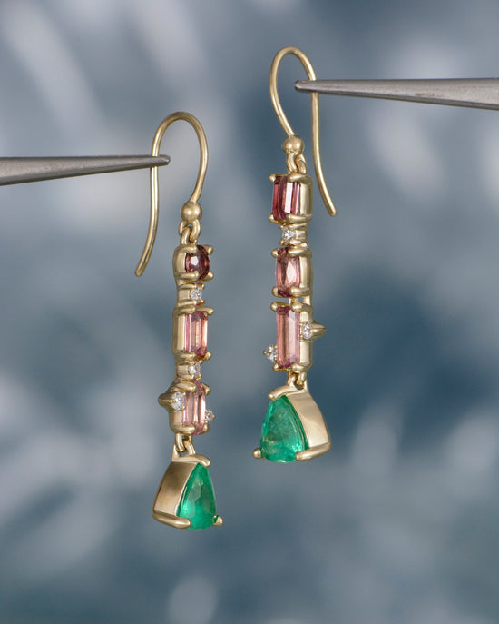 Pink Tourmaline & Emerald Drop Earrings