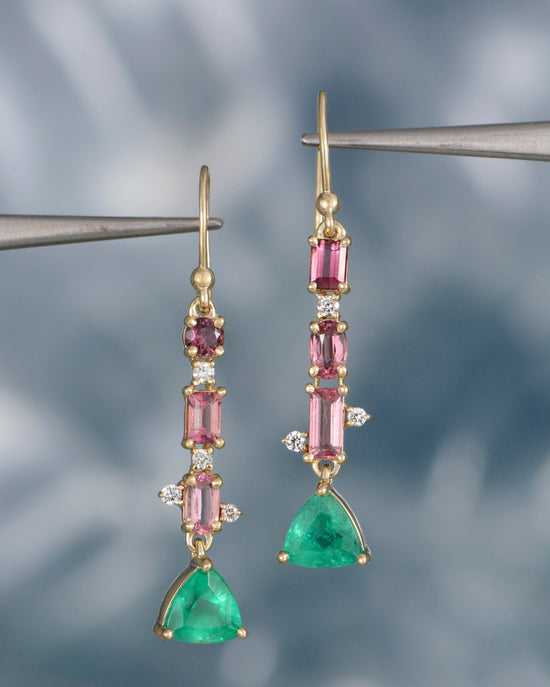 Pink Tourmaline & Emerald Drop Earrings