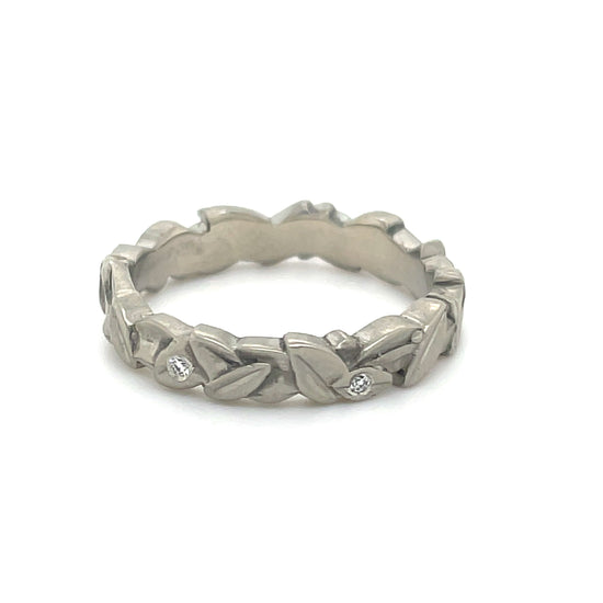 White Gold Leaf Band with Diamonds